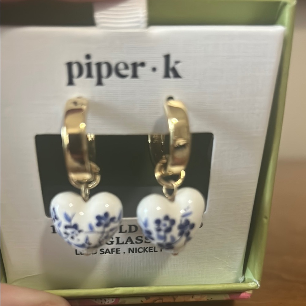Piper K 14K Gold-Plated Blue Floral Porcelain Heart Drop Earrings